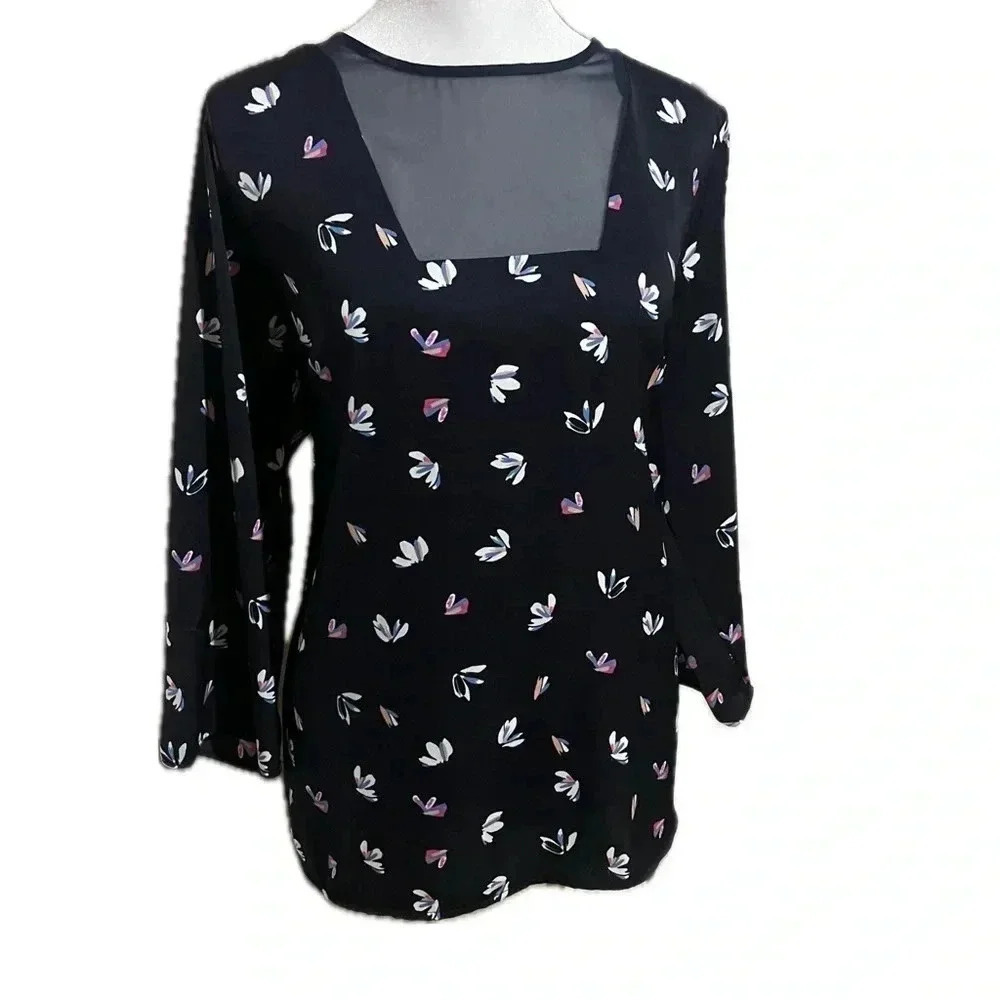 NWT Limited blue floral sheer neck blouse - large - Picture 2 of 11
